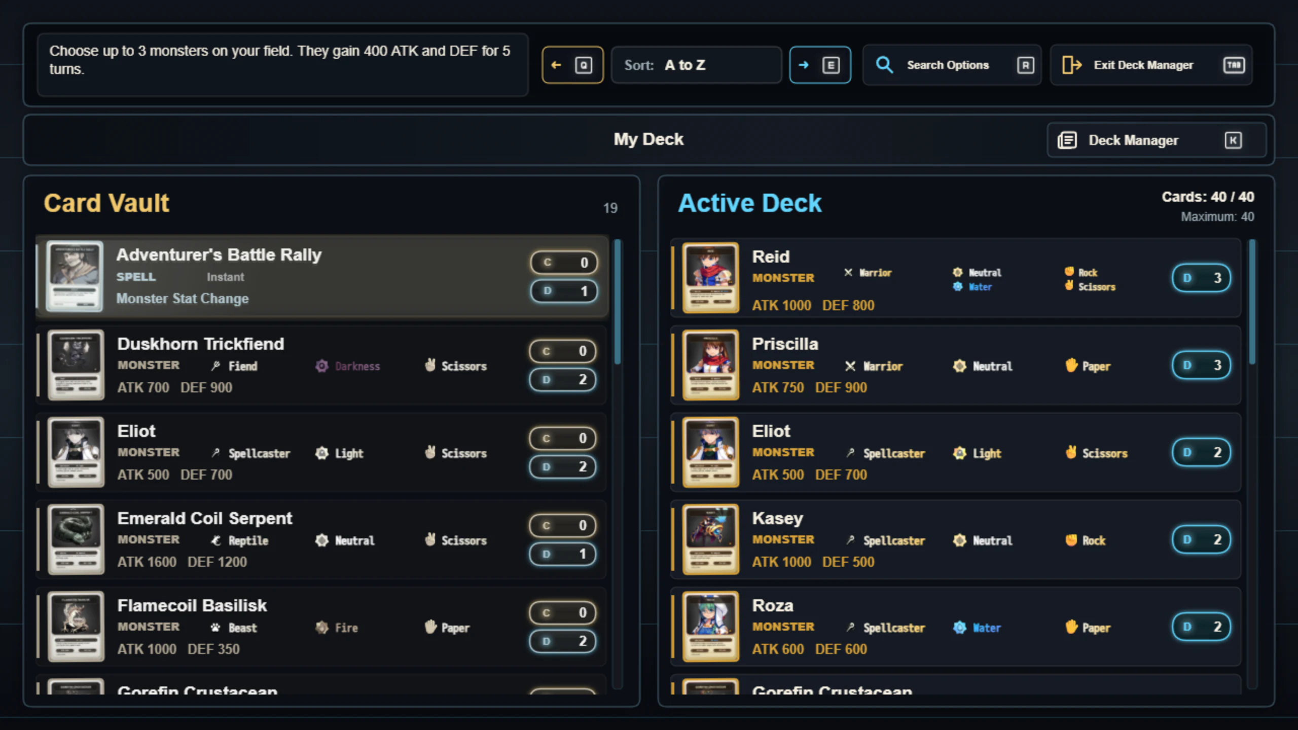 In-game Deck Manager with Card Vault, Active Deck, filters, and the Deck Builder Plus active deck bar