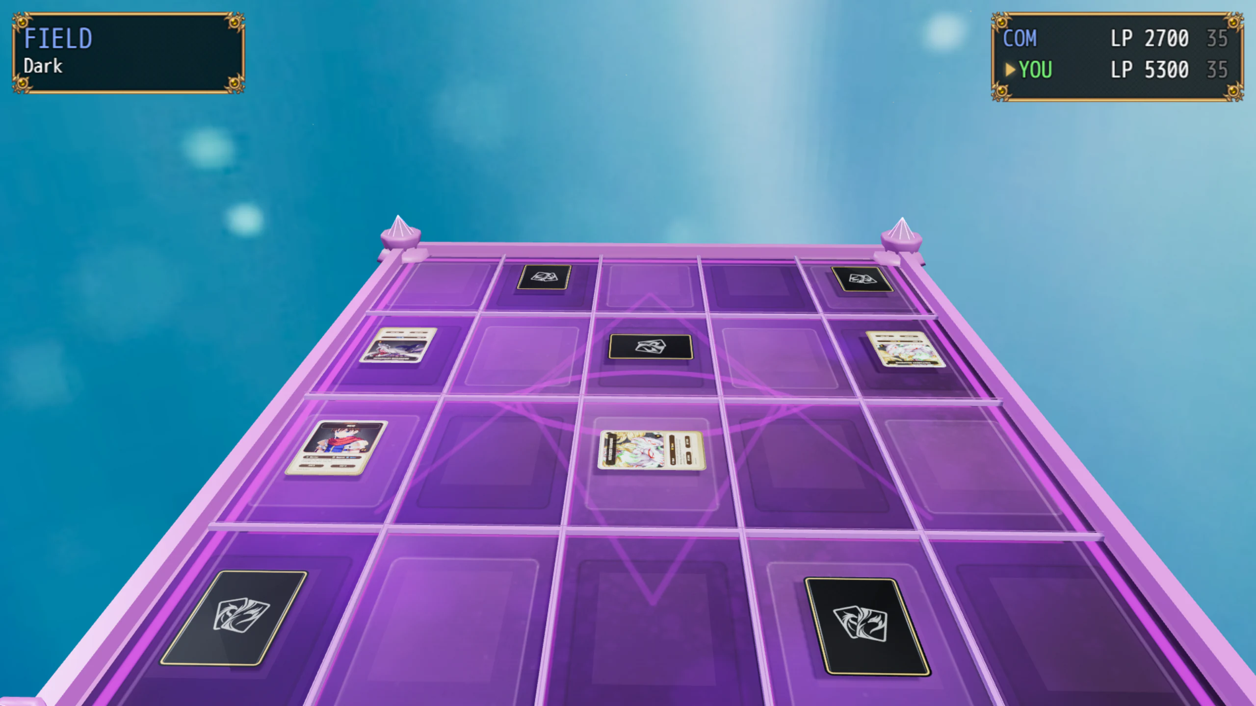 Populated duel with Monsters and set support cards placed in their correct zones on the purple Dark Field