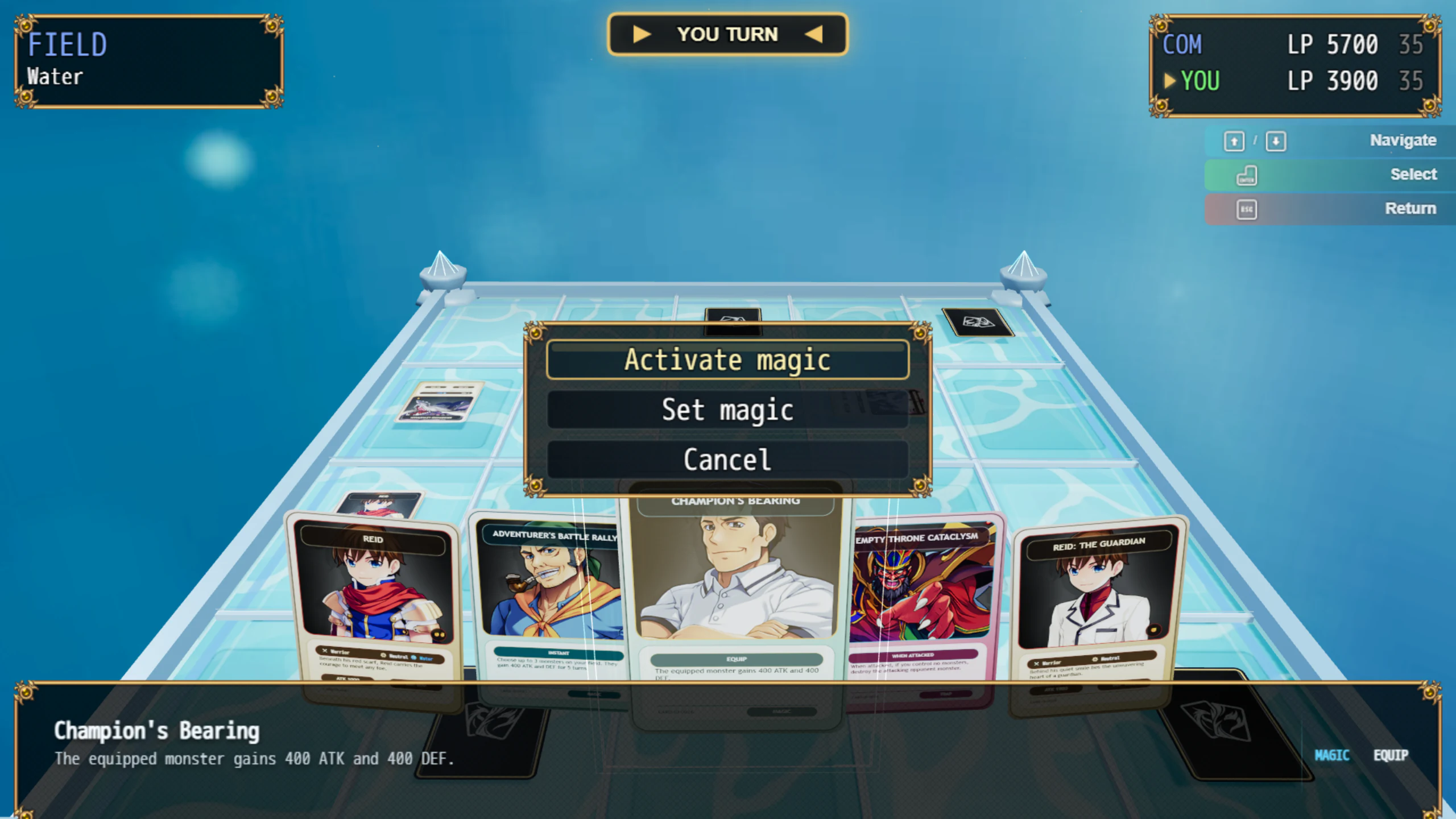 Player choosing whether to activate or set Champion's Bearing while a valid Monster is available on the Water Field