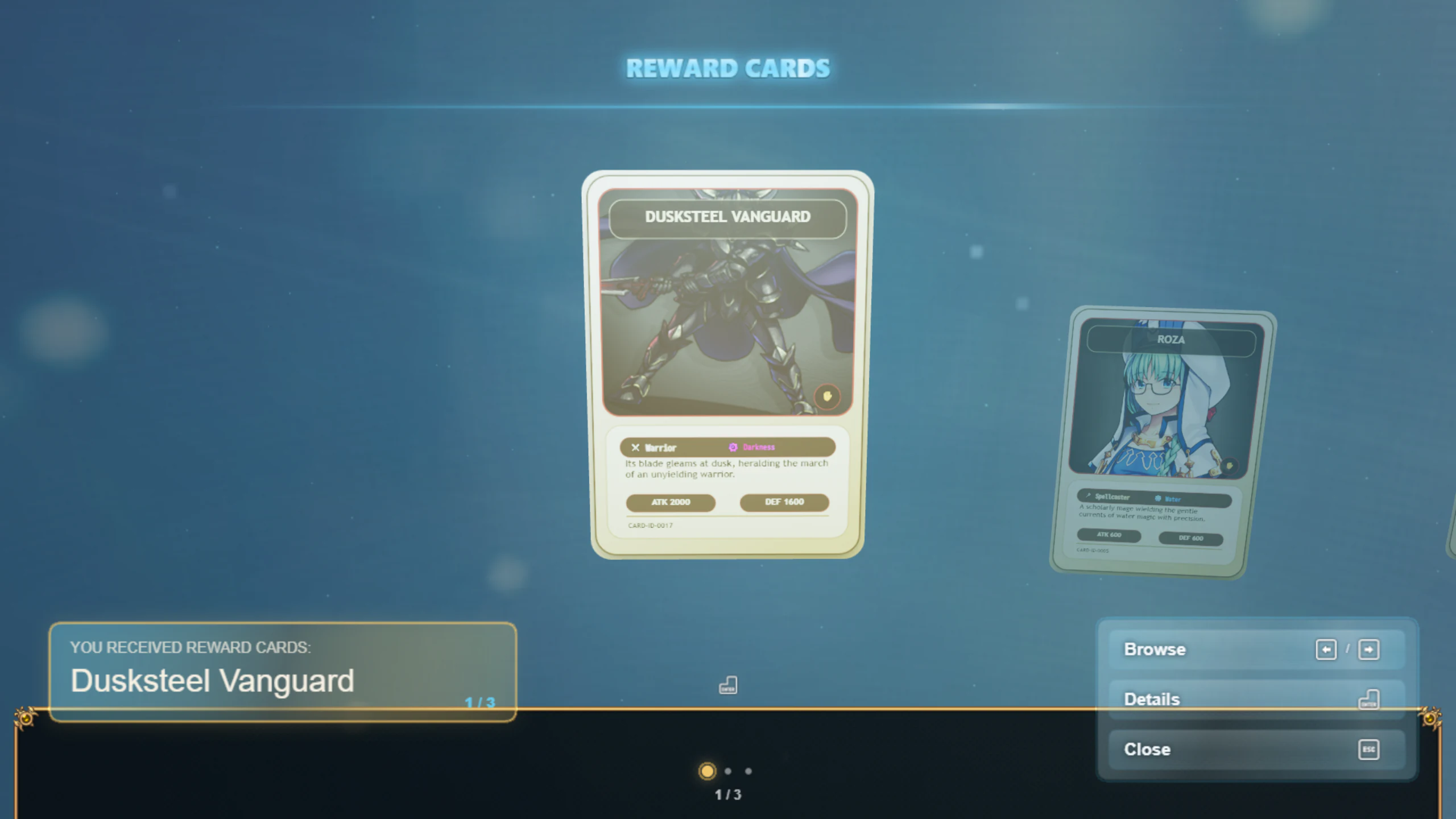 Post-duel reward scene revealing several earned cards