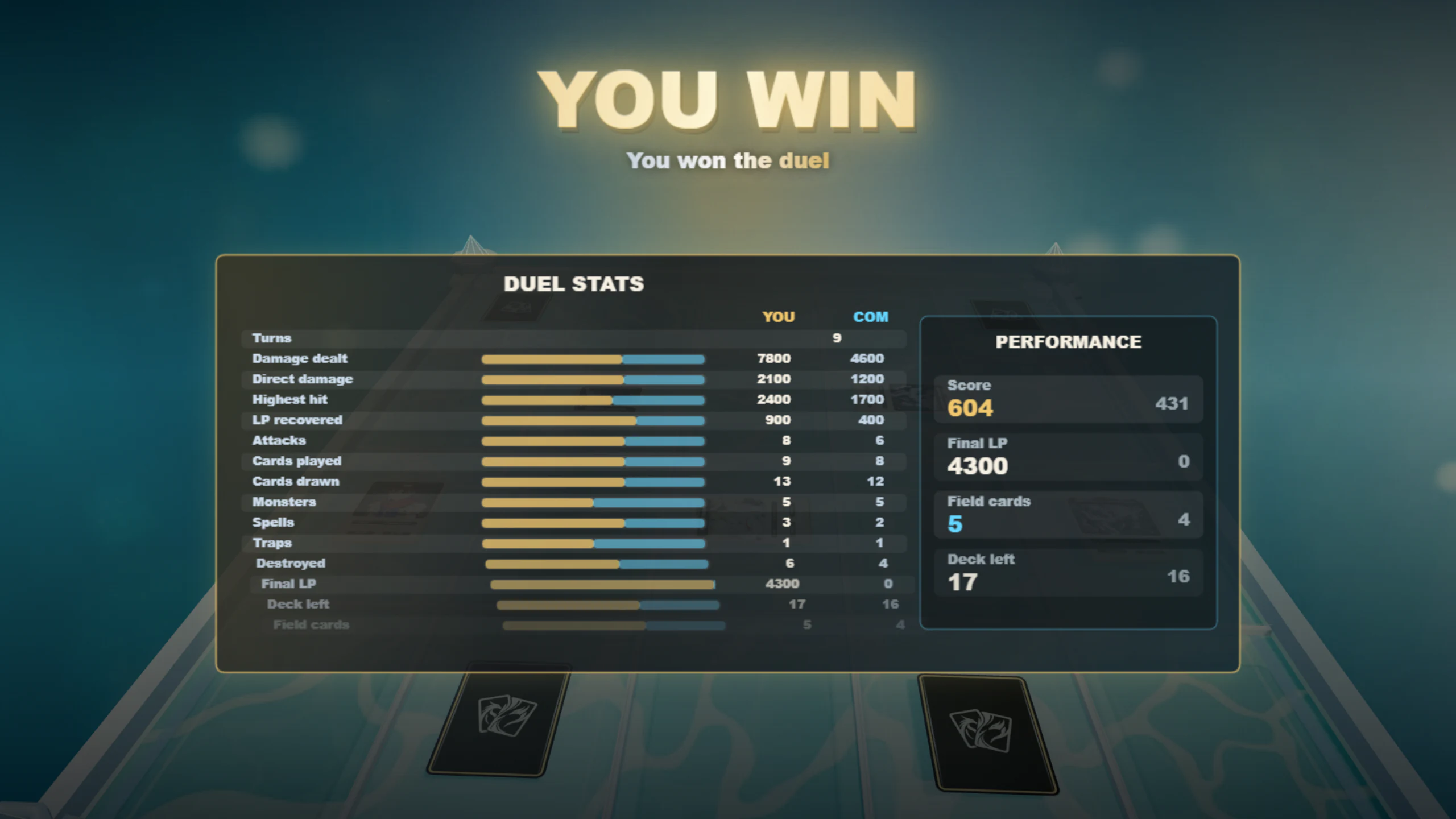 Victory result screen at the end of a card duel