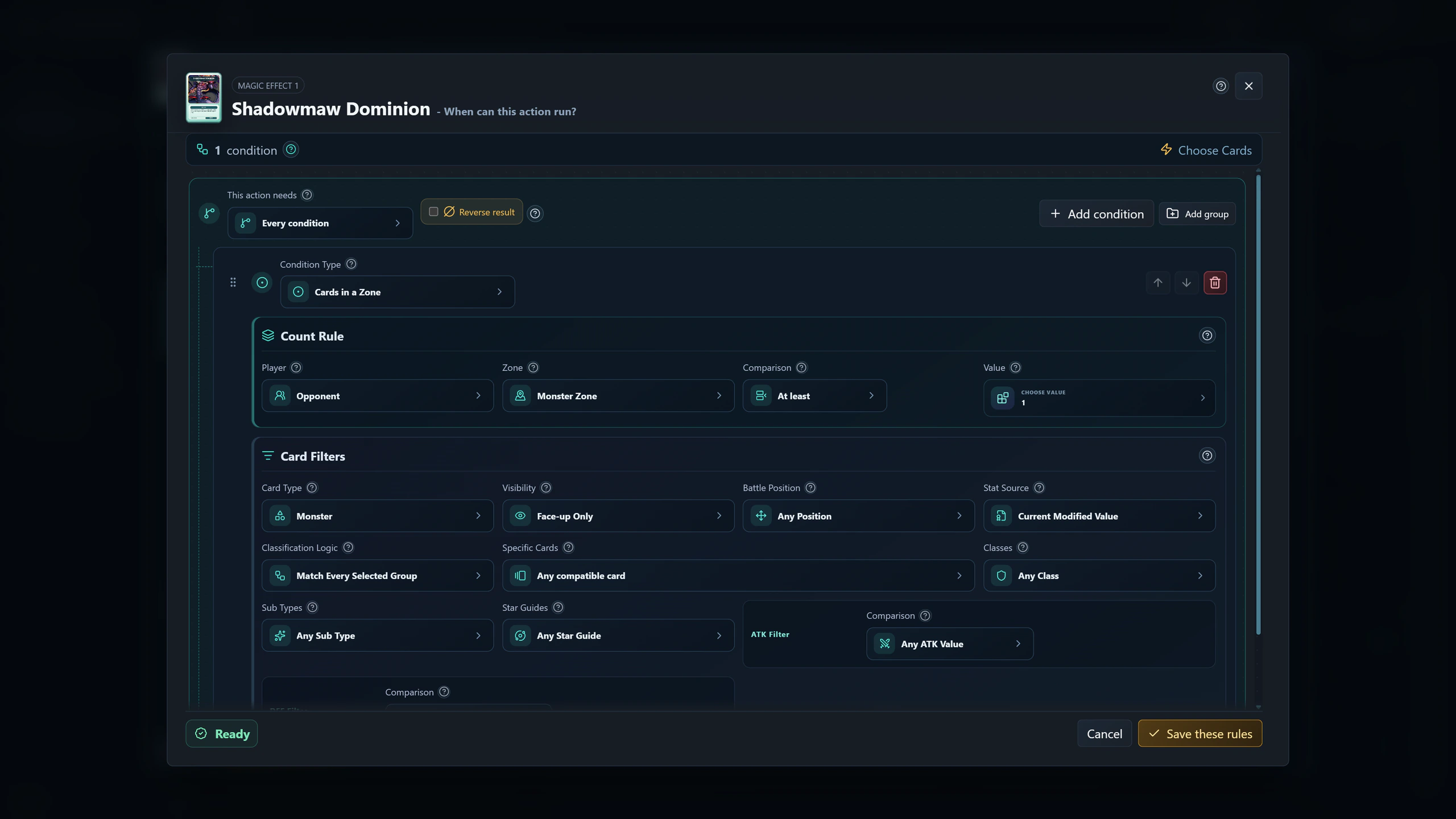 Expanded card filter condition shown as ready in Card Duel Studio 1.6.0