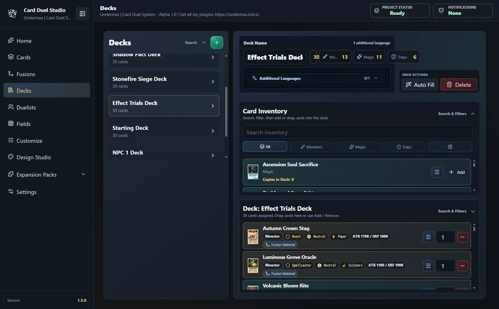 Deck editor showing several decks and a varied card collection