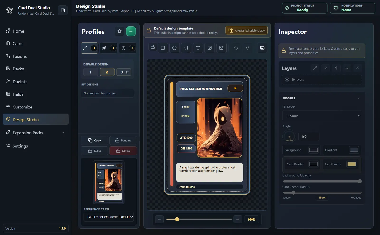 Design Studio with layer controls and a live card preview