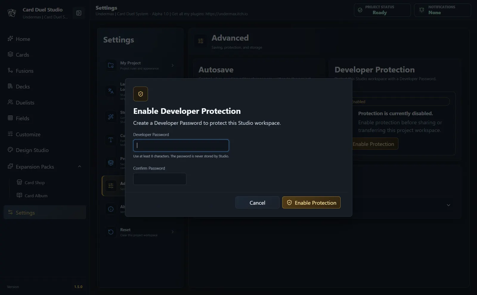 Developer Protection password dialog in Card Duel Studio