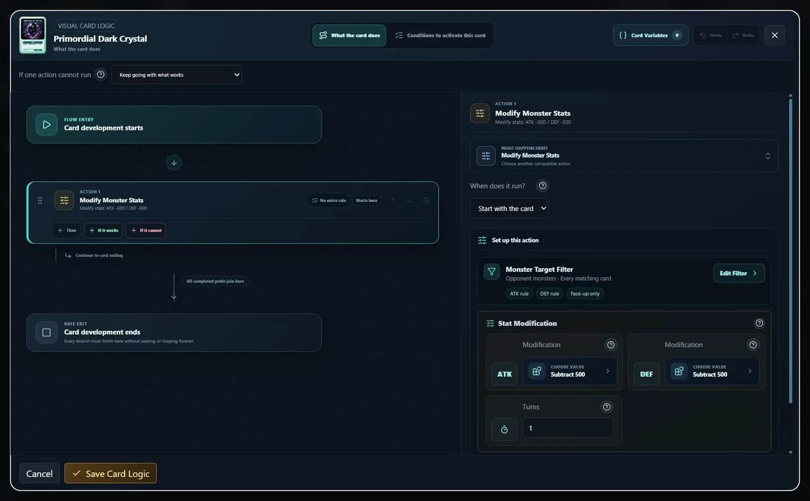 Magic effect editor with actions and target selection options
