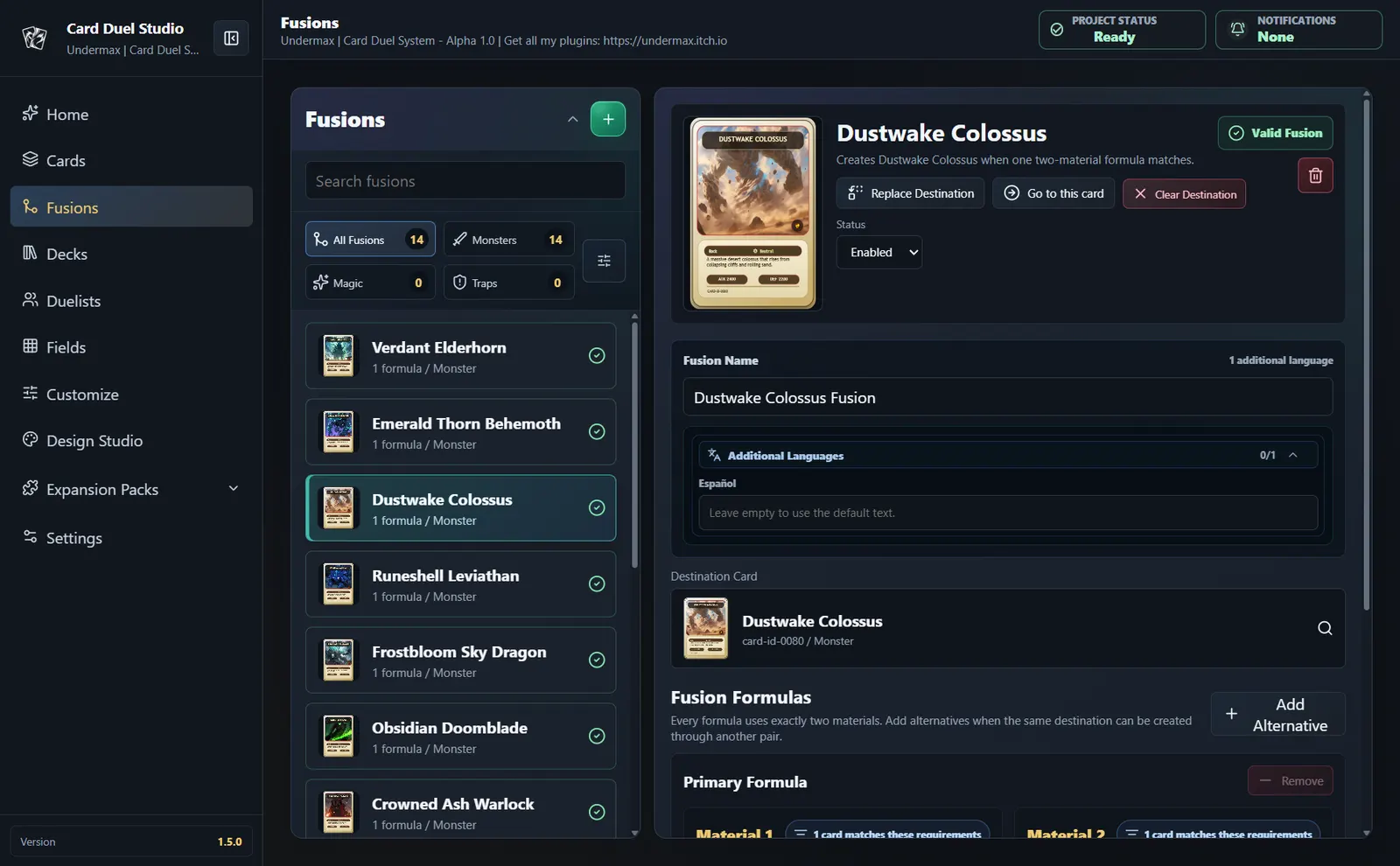 Fusion editor showing material rules and a result card