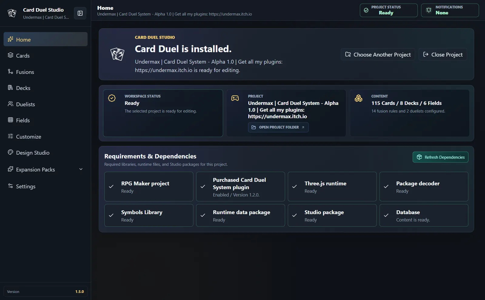 Card Duel Studio Home screen with a project overview and content totals