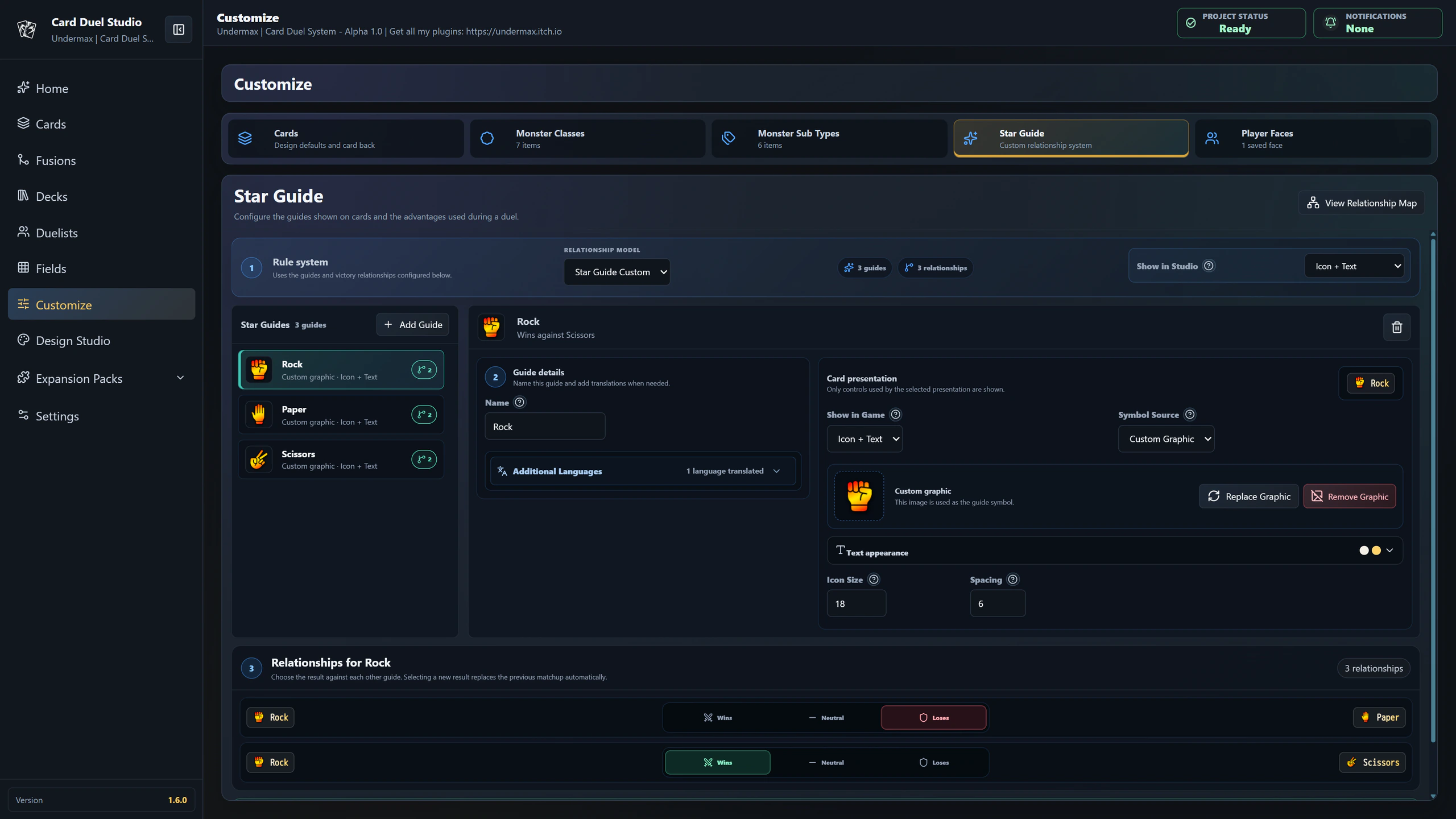 Custom Star Guide editor in Card Duel Studio 1.6.0 with editable guides and relationships